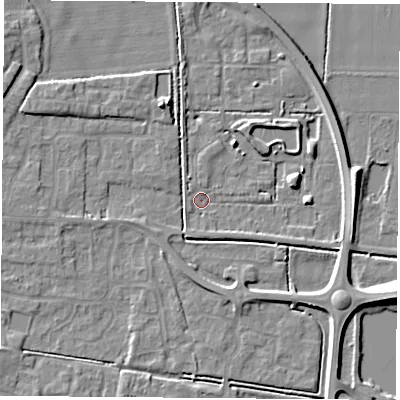 Shaded relief map of the ground around LS256EN, computed from Environment Agency LiDAR. The ground here sits at about 8 m above sea level and falls 9 m across the surrounding 800 m. Surface water reaching this point runs off ground lying to the east, 5.9 m higher.