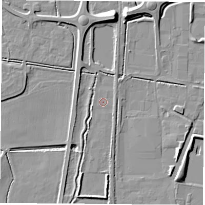 Shaded relief map of the ground around LS256EP, computed from Environment Agency LiDAR. The ground here sits at about 8 m above sea level and falls 12 m across the surrounding 800 m. Surface water reaching this point runs off ground lying to the south, 4.5 m higher.