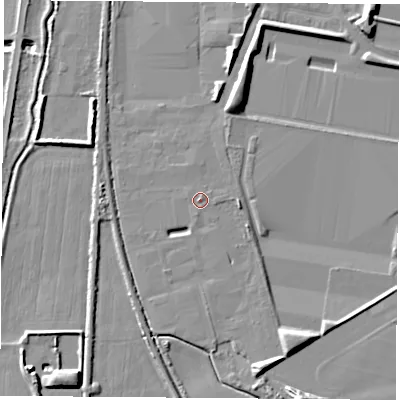 Shaded relief map of the ground around LS256ES, computed from Environment Agency LiDAR. The ground here sits at about 9 m above sea level and falls 12 m across the surrounding 800 m. Surface water reaching this point runs off ground lying to the south-west, 0.5 m higher.
