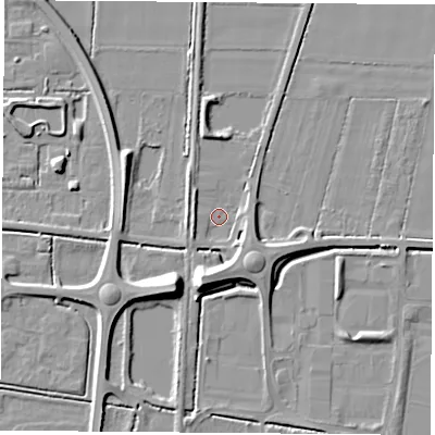 Shaded relief map of the ground around LS256EW, computed from Environment Agency LiDAR. The ground here sits at about 8 m above sea level and falls 9 m across the surrounding 800 m. Surface water reaching this point runs off ground lying to the south-south-west, 8.8 m higher.