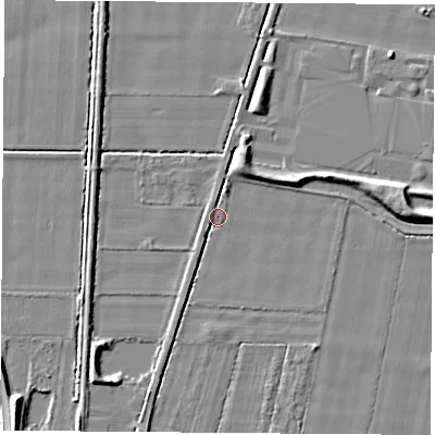 Shaded relief map of the ground around LS256EZ, computed from Environment Agency LiDAR. The ground here sits at about 8 m above sea level and falls 6 m across the surrounding 800 m. Surface water reaching this point runs off ground lying to the west-north-west, 0.9 m higher.
