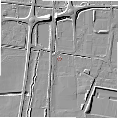 Shaded relief map of the ground around LS256FB, computed from Environment Agency LiDAR. The ground here sits at about 8 m above sea level and falls 12 m across the surrounding 800 m. Surface water reaching this point runs off ground lying to the south-south-west, 2.5 m higher.
