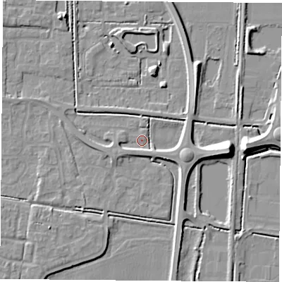 Shaded relief map of the ground around LS256FD, computed from Environment Agency LiDAR. The ground here sits at about 8 m above sea level and falls 9 m across the surrounding 800 m. Surface water reaching this point runs off ground lying to the east-south-east, 5.0 m higher.