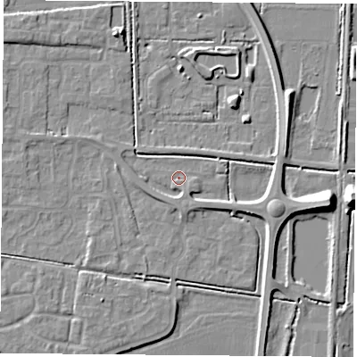 Shaded relief map of the ground around LS256FN, computed from Environment Agency LiDAR. The ground here sits at about 9 m above sea level and falls 9 m across the surrounding 800 m. Surface water reaching this point runs off ground lying to the east-south-east, 5.0 m higher.