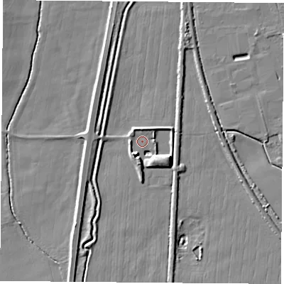 Shaded relief map of the ground around LS256FW, computed from Environment Agency LiDAR. The ground here sits at about 8 m above sea level and falls 7 m across the surrounding 800 m. Surface water reaching this point runs off ground lying to the south-south-west, 5.9 m higher.