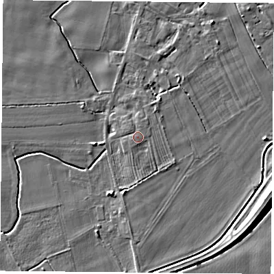 Shaded relief map of the ground around LS256GL, computed from Environment Agency LiDAR. The ground here sits at about 8 m above sea level and falls 10 m across the surrounding 800 m. Surface water reaching this point runs off ground lying to the south, 0.8 m higher.
