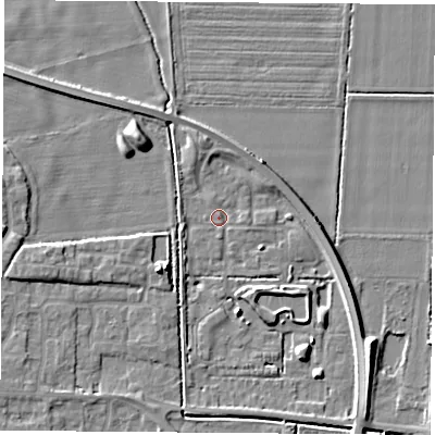 Shaded relief map of the ground around LS256GN, computed from Environment Agency LiDAR. The ground here sits at about 8 m above sea level and falls 6 m across the surrounding 800 m. Surface water reaching this point runs off ground lying to the south-south-west, 2.7 m higher.