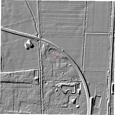 Shaded relief map of the ground around LS256GP, computed from Environment Agency LiDAR. The ground here sits at about 8 m above sea level and falls 6 m across the surrounding 800 m. Surface water reaching this point runs off ground lying to the north-east, 2.5 m higher.
