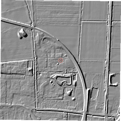 Shaded relief map of the ground around LS256GQ, computed from Environment Agency LiDAR. The ground here sits at about 8 m above sea level and falls 6 m across the surrounding 800 m. Surface water reaching this point runs off ground lying to the south-east, 6.1 m higher.
