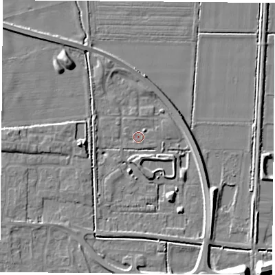 Shaded relief map of the ground around LS256GR, computed from Environment Agency LiDAR. The ground here sits at about 8 m above sea level and falls 9 m across the surrounding 800 m. Surface water reaching this point runs off ground lying to the south-east, 6.1 m higher.