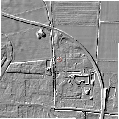 Shaded relief map of the ground around LS256GS, computed from Environment Agency LiDAR. The ground here sits at about 8 m above sea level and falls 6 m across the surrounding 800 m. Surface water reaching this point runs off ground lying to the south-south-west, 2.7 m higher.