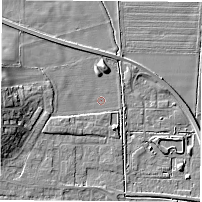Shaded relief map of the ground around LS256GT, computed from Environment Agency LiDAR. The ground here sits at about 8 m above sea level and falls 12 m across the surrounding 800 m. Surface water reaching this point runs off ground lying to the south-south-east, 4.2 m higher.