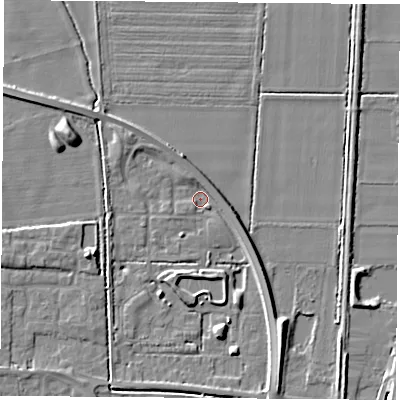 Shaded relief map of the ground around LS256GU, computed from Environment Agency LiDAR. The ground here sits at about 8 m above sea level and falls 6 m across the surrounding 800 m. Surface water reaching this point runs off ground lying to the south-south-east, 6.1 m higher.