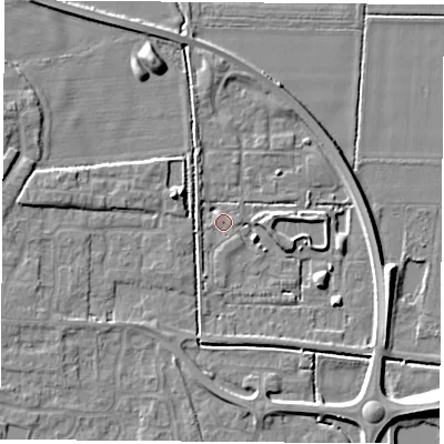 Shaded relief map of the ground around LS256GW, computed from Environment Agency LiDAR. The ground here sits at about 8 m above sea level and falls 9 m across the surrounding 800 m. Surface water reaching this point runs off ground lying to the east-south-east, 6.0 m higher.