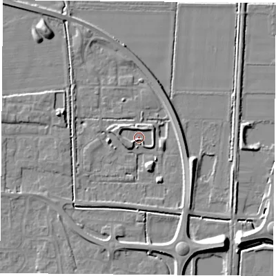Shaded relief map of the ground around LS256GX, computed from Environment Agency LiDAR. The ground here sits at about 8 m above sea level and falls 9 m across the surrounding 800 m. Surface water reaching this point runs off ground lying to the east-south-east, 6.0 m higher.