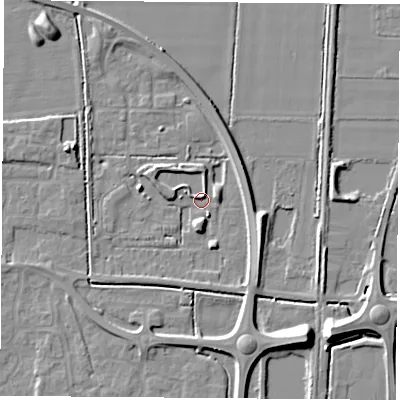 Shaded relief map of the ground around LS256GY, computed from Environment Agency LiDAR. The ground here sits at about 8 m above sea level and falls 9 m across the surrounding 800 m. Surface water reaching this point runs off ground lying to the east-south-east, 6.0 m higher.