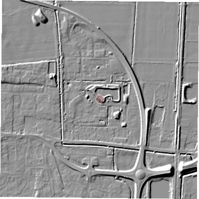 Shaded relief map of the ground around LS256GZ, computed from Environment Agency LiDAR. The ground here sits at about 10 m above sea level and falls 9 m across the surrounding 800 m. Surface water reaching this point runs off ground lying to the east-south-east, 6.0 m higher.