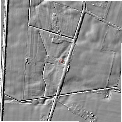 Shaded relief map of the ground around LS256HA, computed from Environment Agency LiDAR. The ground here sits at about 8 m above sea level and falls 5 m across the surrounding 800 m. Surface water reaching this point runs off ground lying to the east-north-east, 2.0 m higher.