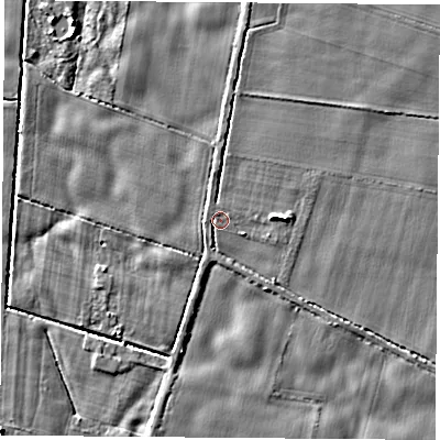 Shaded relief map of the ground around LS256HB, computed from Environment Agency LiDAR. The ground here sits at about 8 m above sea level and falls 5 m across the surrounding 800 m. Surface water reaching this point runs off ground lying to the west-north-west, 0.6 m higher.