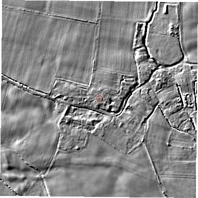 Shaded relief map of the ground around LS256HD, computed from Environment Agency LiDAR. The ground here sits at about 8 m above sea level and falls 4 m across the surrounding 800 m. Surface water reaching this point runs off ground lying to the north, 0.5 m higher.