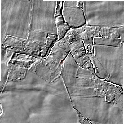 Shaded relief map of the ground around LS256HE, computed from Environment Agency LiDAR. The ground here sits at about 8 m above sea level and falls 4 m across the surrounding 800 m. Surface water reaching this point runs off ground lying to the south-south-east, 0.8 m higher.