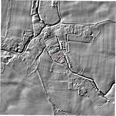 Shaded relief map of the ground around LS256HF, computed from Environment Agency LiDAR. The ground here sits at about 7 m above sea level and falls 4 m across the surrounding 800 m. Surface water reaching this point runs off ground lying to the north-north-west, 0.7 m higher.