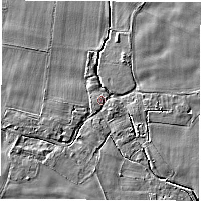 Shaded relief map of the ground around LS256HG, computed from Environment Agency LiDAR. The ground here sits at about 8 m above sea level and falls 4 m across the surrounding 800 m. Surface water reaching this point runs off ground lying to the south-east, 2.8 m higher.