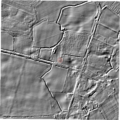 Shaded relief map of the ground around LS256HH, computed from Environment Agency LiDAR. The ground here sits at about 7 m above sea level and falls 6 m across the surrounding 800 m. Surface water reaching this point runs off ground lying to the north-north-east, 0.7 m higher.