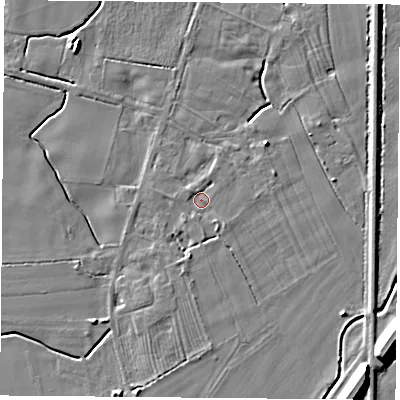 Shaded relief map of the ground around LS256HJ, computed from Environment Agency LiDAR. The ground here sits at about 7 m above sea level and falls 10 m across the surrounding 800 m. Surface water reaching this point runs off ground lying to the south-south-east, 1.4 m higher.