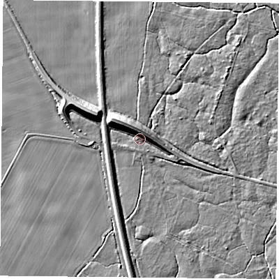 Shaded relief map of the ground around LS256HN, computed from Environment Agency LiDAR. The ground here sits at about 8 m above sea level and falls 9 m across the surrounding 800 m. Surface water reaching this point runs off ground lying to the north-west, 8.4 m higher.