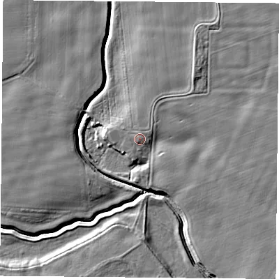 Shaded relief map of the ground around LS256HP, computed from Environment Agency LiDAR. The ground here sits at about 8 m above sea level and falls 6 m across the surrounding 800 m. Surface water reaching this point runs off ground lying to the south-west, 1.0 m higher.