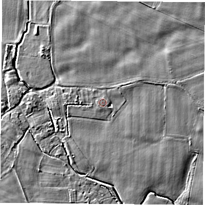 Shaded relief map of the ground around LS256HQ, computed from Environment Agency LiDAR. The ground here sits at about 8 m above sea level and falls 4 m across the surrounding 800 m. The ground contributing surface water to this point lies to the north.