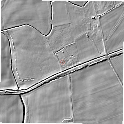 Shaded relief map of the ground around LS256HR, computed from Environment Agency LiDAR. The ground here sits at about 7 m above sea level and falls 6 m across the surrounding 800 m. Surface water reaching this point runs off ground lying to the east-south-east, 1.1 m higher.