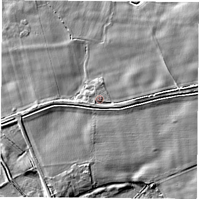 Shaded relief map of the ground around LS256HS, computed from Environment Agency LiDAR. The ground here sits at about 8 m above sea level and falls 6 m across the surrounding 800 m. Surface water reaching this point runs off ground lying to the south-east, 1.2 m higher.