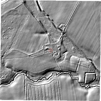 Shaded relief map of the ground around LS256HW, computed from Environment Agency LiDAR. The ground here sits at about 7 m above sea level and falls 6 m across the surrounding 800 m. Surface water reaching this point runs off ground lying to the west-north-west, 1.5 m higher.