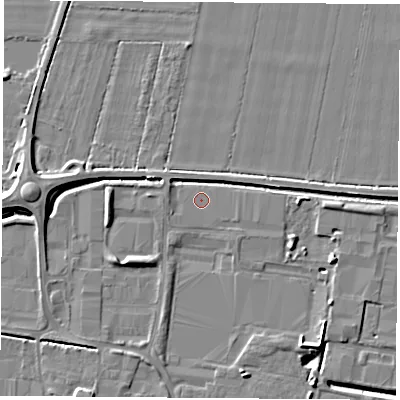 Shaded relief map of the ground around LS256JA, computed from Environment Agency LiDAR. The ground here sits at about 8 m above sea level and falls 10 m across the surrounding 800 m. The ground contributing surface water to this point lies to the west-south-west.