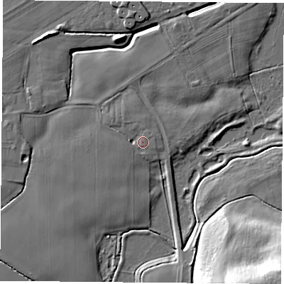 Shaded relief map of the ground around LS256JE, computed from Environment Agency LiDAR. The ground here sits at about 7 m above sea level and falls 25 m across the surrounding 800 m. Surface water reaching this point runs off ground lying to the north-west, 1.7 m higher.