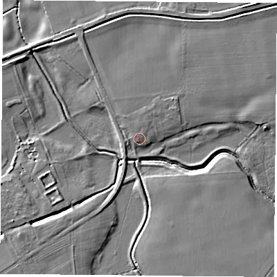 Shaded relief map of the ground around LS256JF, computed from Environment Agency LiDAR. The ground here sits at about 7 m above sea level and falls 7 m across the surrounding 800 m. Surface water reaching this point runs off ground lying to the north, 0.9 m higher.