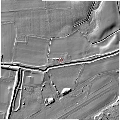Shaded relief map of the ground around LS256JG, computed from Environment Agency LiDAR. The ground here sits at about 8 m above sea level and falls 8 m across the surrounding 800 m. Surface water reaching this point runs off ground lying to the west-north-west, 1.1 m higher.