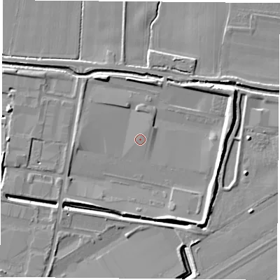 Shaded relief map of the ground around LS256JH, computed from Environment Agency LiDAR. The ground here sits at about 8 m above sea level and falls 8 m across the surrounding 800 m. Surface water reaching this point runs off ground lying to the north-north-west, 2.2 m higher.