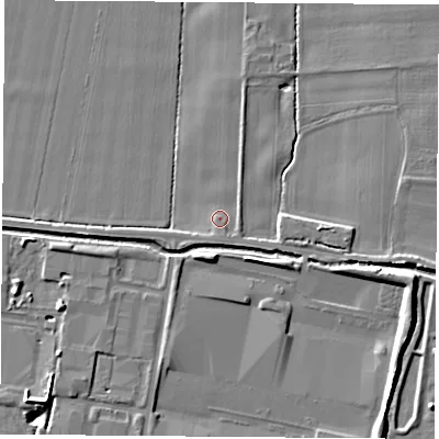 Shaded relief map of the ground around LS256JJ, computed from Environment Agency LiDAR. The ground here sits at about 8 m above sea level and falls 8 m across the surrounding 800 m. Surface water reaching this point runs off ground lying to the south, 1.3 m higher.