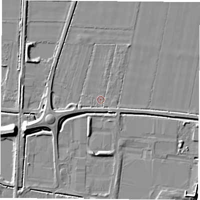 Shaded relief map of the ground around LS256JL, computed from Environment Agency LiDAR. The ground here sits at about 8 m above sea level and falls 10 m across the surrounding 800 m. Surface water reaching this point runs off ground lying to the south-south-west, 1.5 m higher.