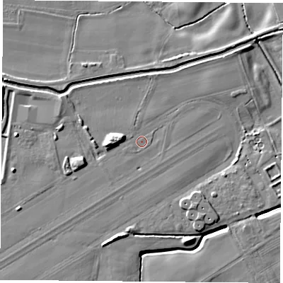 Shaded relief map of the ground around LS256JQ, computed from Environment Agency LiDAR. The ground here sits at about 7 m above sea level and falls 9 m across the surrounding 800 m. Surface water reaching this point runs off ground lying to the west, 4.9 m higher.