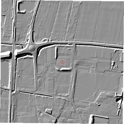 Shaded relief map of the ground around LS256JZ, computed from Environment Agency LiDAR. The ground here sits at about 8 m above sea level and falls 12 m across the surrounding 800 m. The ground contributing surface water to this point lies to the south-south-west.