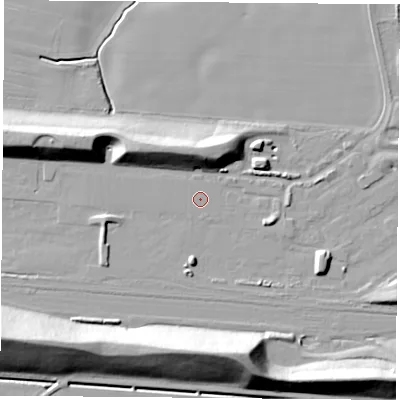 Shaded relief map of the ground around LS256LH, computed from Environment Agency LiDAR. The ground here sits at about 8 m above sea level and falls 24 m across the surrounding 800 m. The ground contributing surface water to this point lies to the south-south-east.