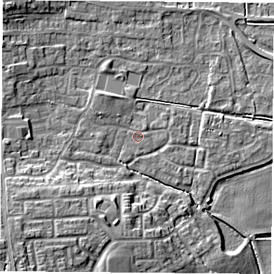 Shaded relief map of the ground around LS256LT, computed from Environment Agency LiDAR. The ground here sits at about 9 m above sea level and falls 15 m across the surrounding 800 m. Surface water reaching this point runs off ground lying to the south-west, 10.9 m higher.