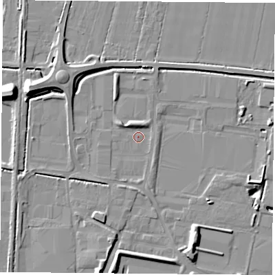Shaded relief map of the ground around LS256NA, computed from Environment Agency LiDAR. The ground here sits at about 8 m above sea level and falls 12 m across the surrounding 800 m. Surface water reaching this point runs off ground lying to the north-west, 6.0 m higher.
