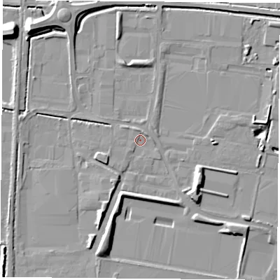Shaded relief map of the ground around LS256NB, computed from Environment Agency LiDAR. The ground here sits at about 8 m above sea level and falls 12 m across the surrounding 800 m. Surface water reaching this point runs off ground lying to the south-west, 2.7 m higher.