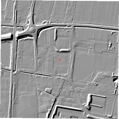 Shaded relief map of the ground around LS256NF, computed from Environment Agency LiDAR. The ground here sits at about 8 m above sea level and falls 12 m across the surrounding 800 m. Surface water reaching this point runs off ground lying to the north-west, 6.0 m higher.
