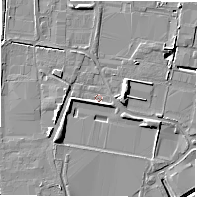 Shaded relief map of the ground around LS256NG, computed from Environment Agency LiDAR. The ground here sits at about 8 m above sea level and falls 9 m across the surrounding 800 m. Surface water reaching this point runs off ground lying to the south-south-west, 3.7 m higher.